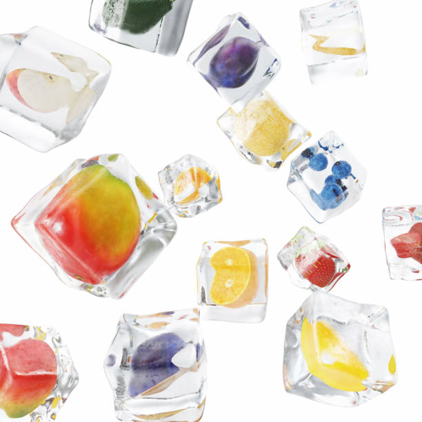 istock Fruits frozen in ice cube, ice cube in front view, single ice cube isolated on white background. 3d rendering 664037240