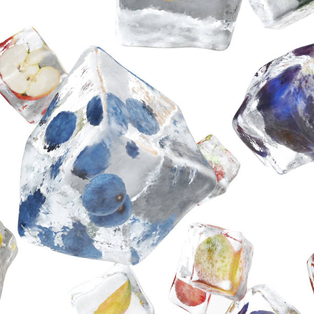 istock Fruits frozen in ice cube, ice cube in front view, single ice cube isolated on white background. 3d rendering 664037274