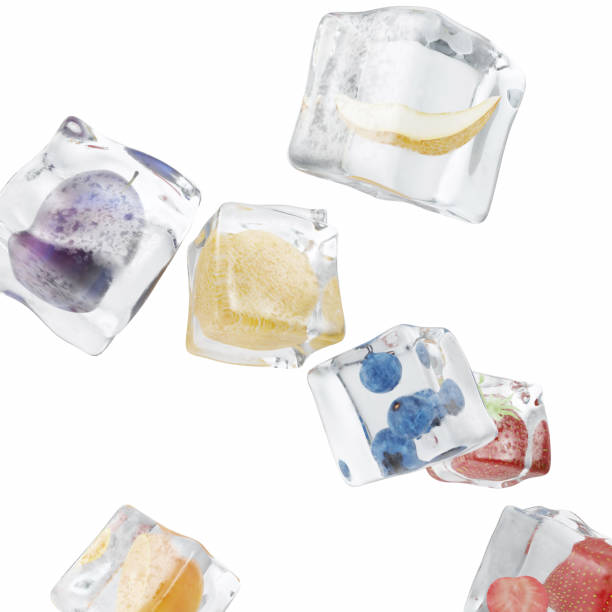 istock Fruits frozen in ice cube, ice cube in front view, single ice cube isolated on white background. 3d rendering 664037280