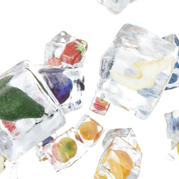 istock Fruits frozen in ice cube, ice cube in front view, single ice cube isolated on white background. 3d rendering 664037282