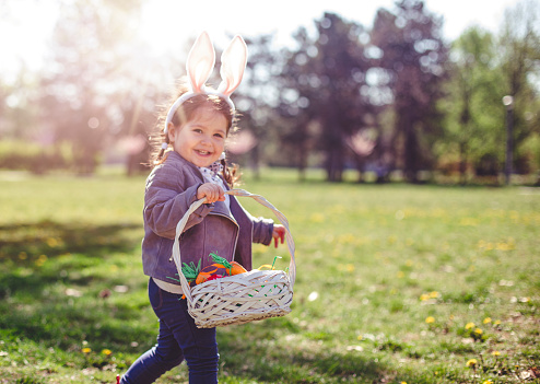 Cute 2 years old toddler girl playing with a basket full with Easter eggs and carrots outside under a big tree. She is happy and wearing Easter bunny ears headband
