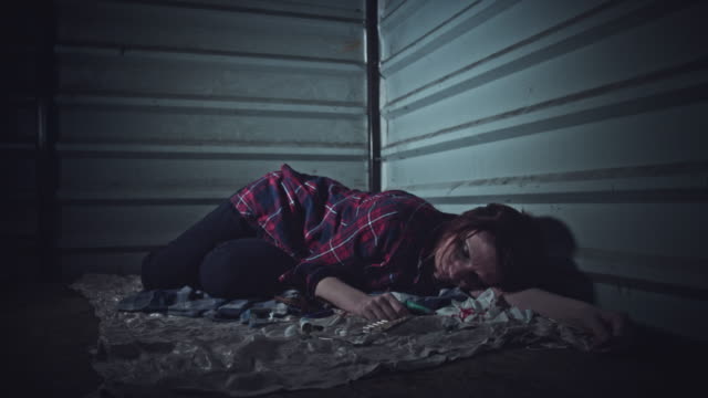 4k Homeless Drugged Woman Sleeping or Laying Dead