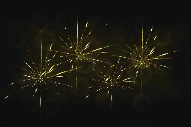 Vector illustration of New years eve golden fireworks with blurred glowing golden bokeh effect on backdrop. Celebration firework in yellow colors with abstract rounded or circular background.