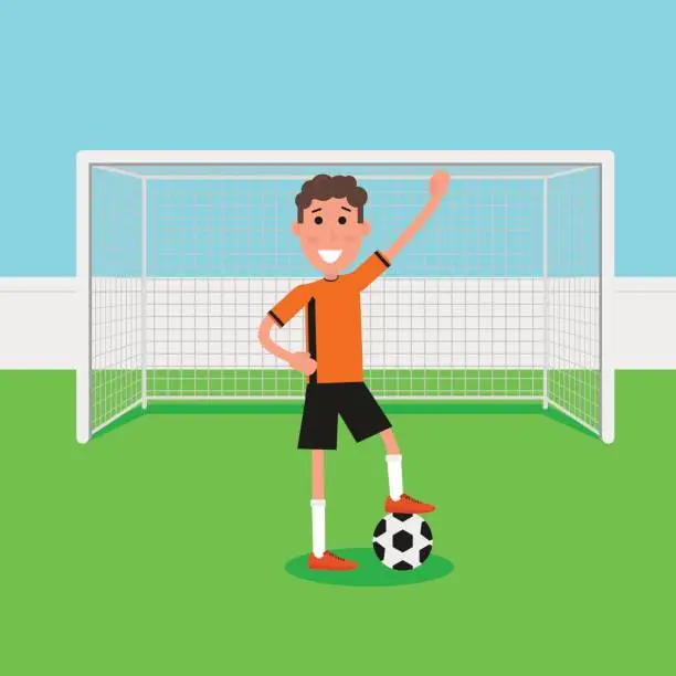 Vector illustration of Soccer goalkeeper keeping goal on arena, Athlete with a soccer ball. Flat character in cartoon style. Vector illustration.