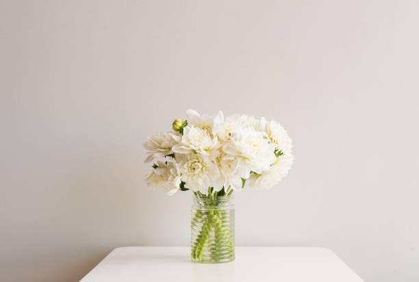 istock White dahlias in glass jar on table 664068588