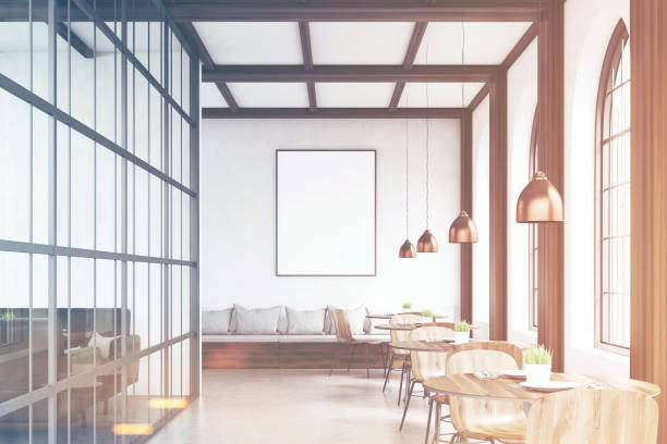 istock Front view of cafe with chairs, gray, toned 664068858