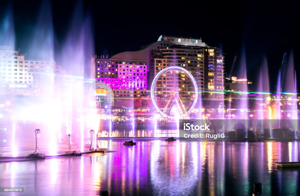 Vivid Sydney - Darling Harbour Light and water fountains show at Darling Harbour Vivid Sydney Stock Photo