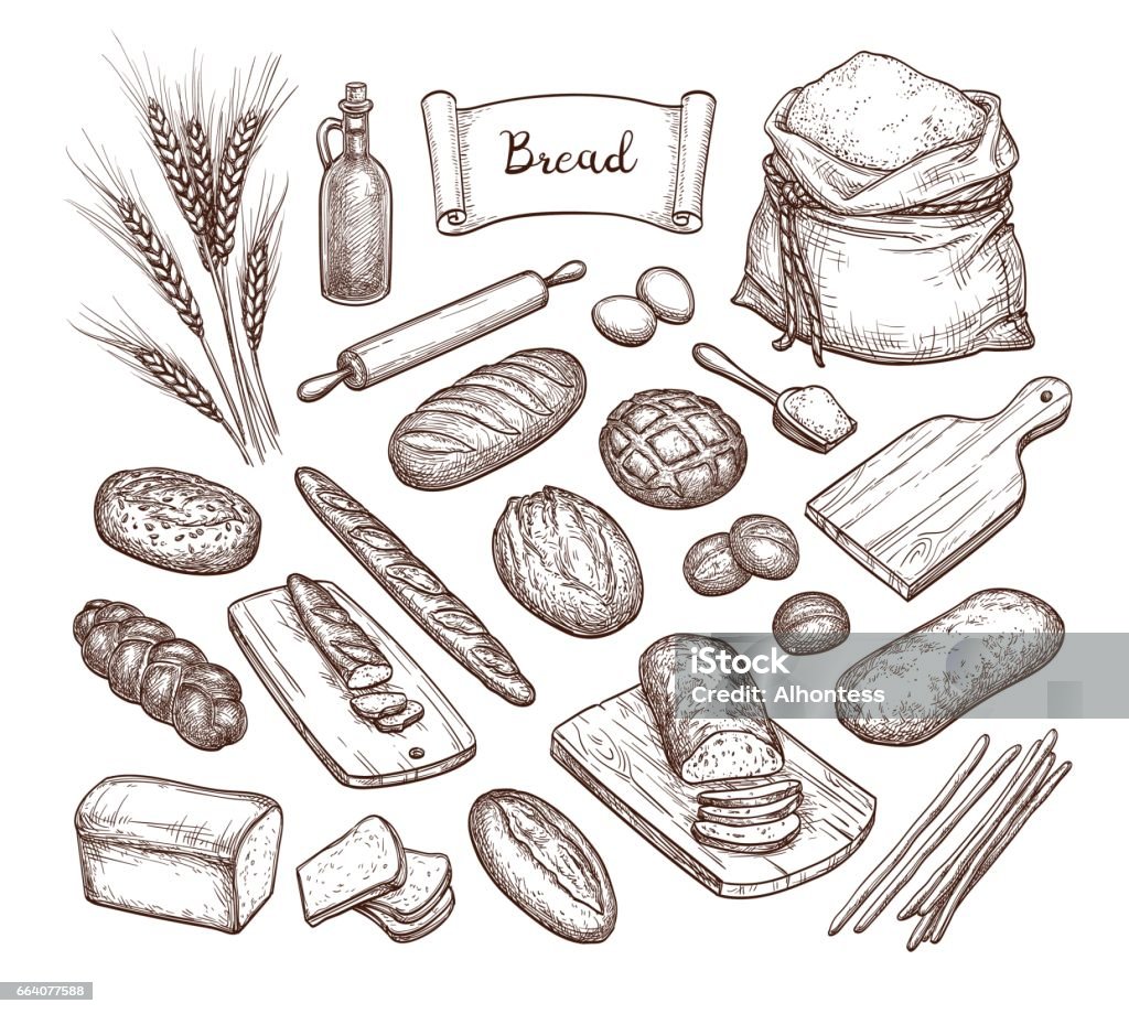 El pan y los ingredientes. - arte vectorial de Pan - Comida básica libre de derechos