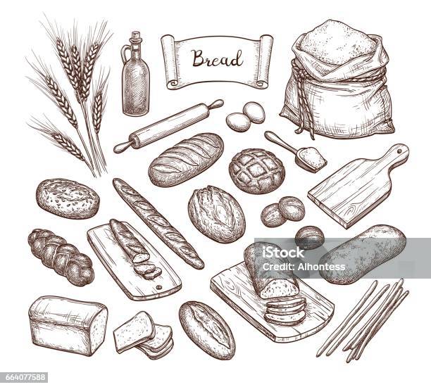 Ilustración de El Pan Y Los Ingredientes y más Vectores Libres de Derechos de Pan - Comida básica - Pan - Comida básica, Panadería, Grabado - Técnica de ilustración