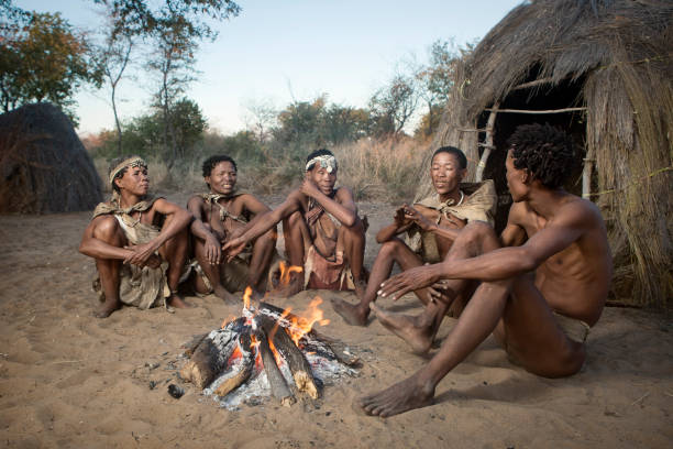 San gathering. GRASHOEK, NAMIBIA - 21ST MAY 2016 - Ju Hoansi villagers gather as part of a cultural demonstration. The San display their culture to visitors in order to preserve ancient traditions and stories. san people africa stock pictures, royalty-free photos & images