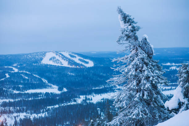 hermoso frío vista a la montaña de esquí, día de invierno con pendiente, pistas y remontes, imagen de noche de crepúsculo de la noche - austria village chalet ski resort fotografías e imágenes de stock