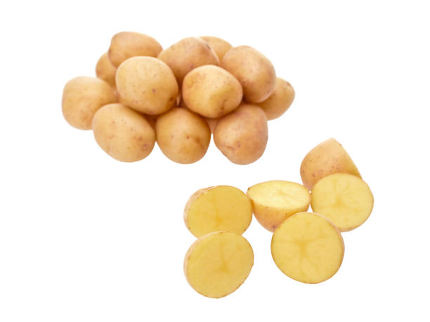순수한 흰색 바탕에 작은 노란색 patatoes 슬라이스 - new potato raw potato freshness organic 뉴스 사진 이미지