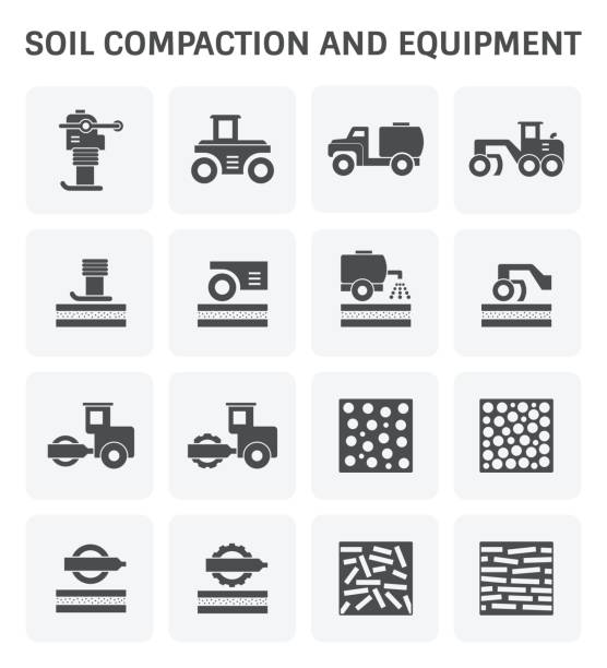Soil Compaction Icon Vector icon of soil compaction and equipment for construction work. water truck stock illustrations