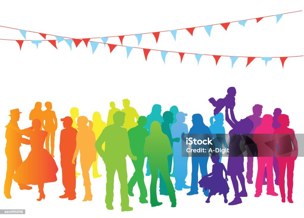 Rainbow Crowd Festivities A vector silhouette illustration of a large crowd of people dancing including young adults, young couples, mature adults, families, and children. In Silhouette stock vector