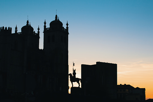 Silhouette of Porto Cathedral (Se do Porto) in the historical centre of the city, Portugal.