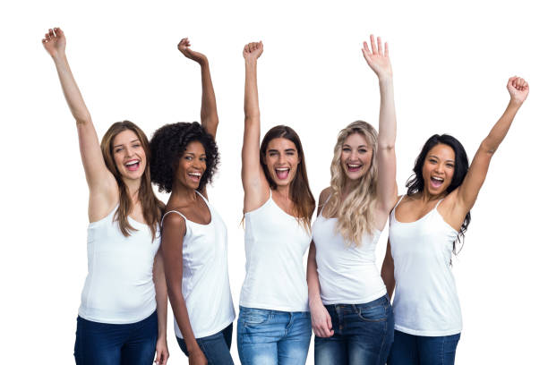 istock Multiethnic women standing with hand raised 664103504