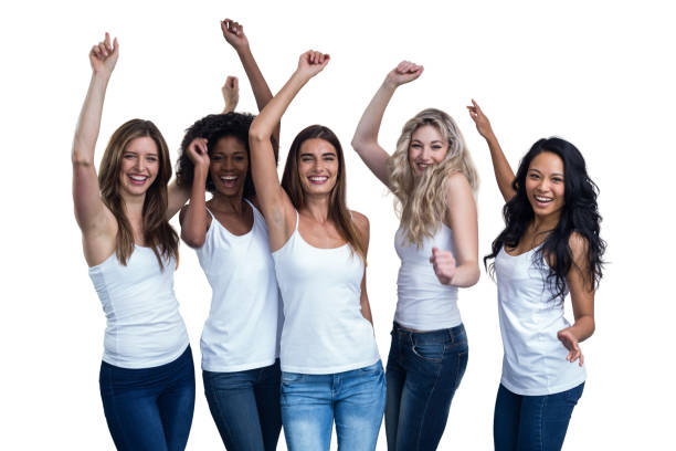 istock Multiethnic women dancing on white background 664107288