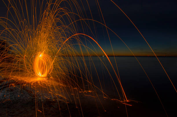 istock Fire sparks flying through the air at sunset along the lake shore 664109600