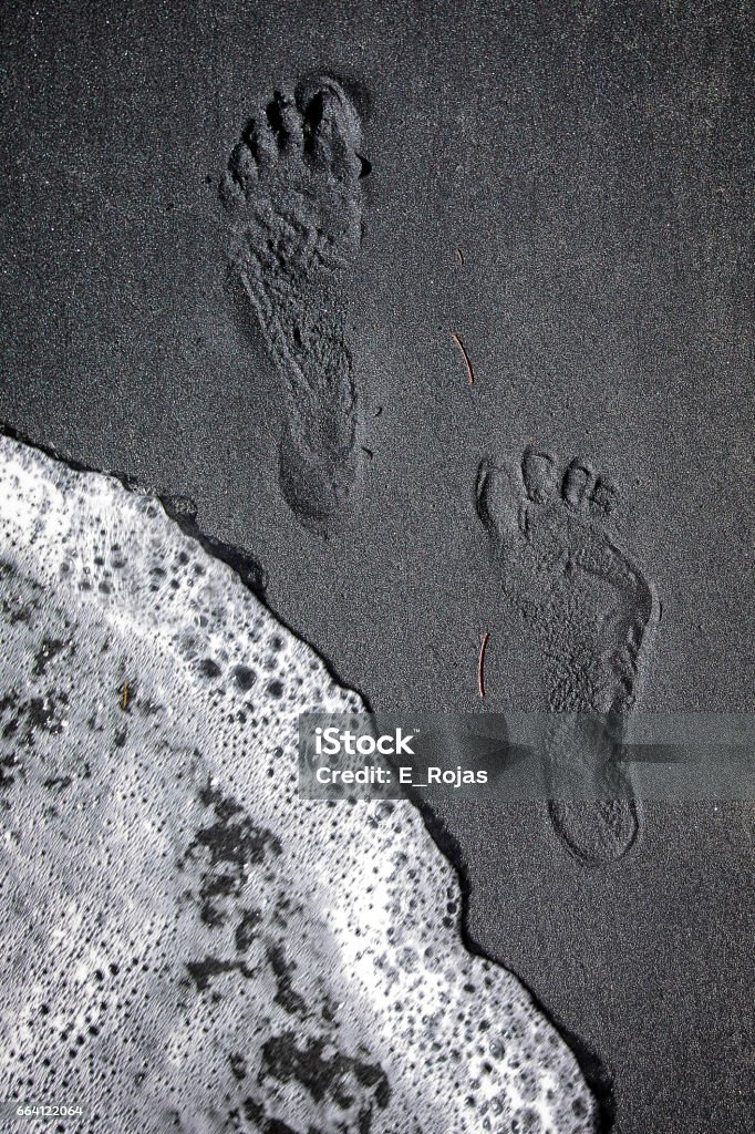 Footprints on Black Sand Beach (Playa Negra), Vieques Volcanic material washes down through a stream and ends up at this beach on the island of Vieques, in Puerto Rico. Puerto Rico Stock Photo