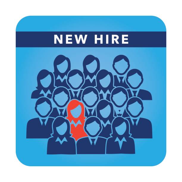 istock New Hire Button Portraying Different People with Men and Women in Suits and One Person Standing Out as the Person who got Hired 664122596