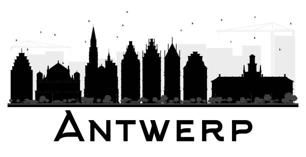 ilustrações de stock, clip art, desenhos animados e ícones de antwerp city skyline black and white silhouette. - antuerpia