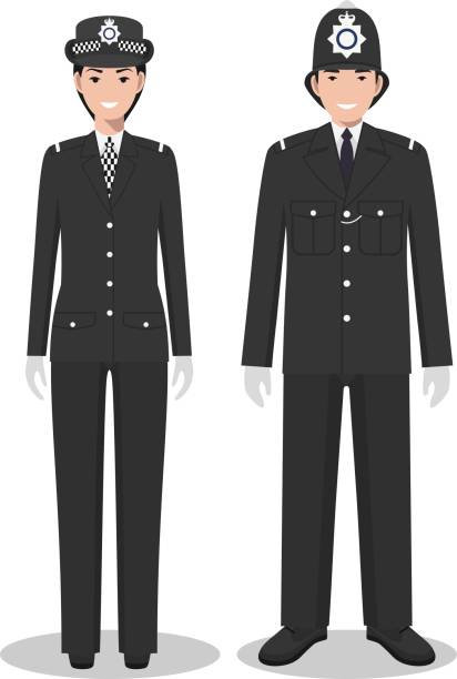 пара британских полицейских и полицейских в традиционной униформе стоят вместе на белом фоне в плоском стиле. концепция полиции. плоский д� - women young women white background eastern europe stock illustrations