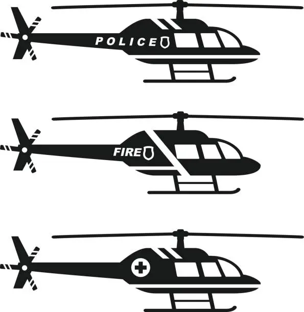 Vector illustration of Emergency concept. Set of different silhouettes of medical, police and fire helicopter isolated on white background. Vector illustration.