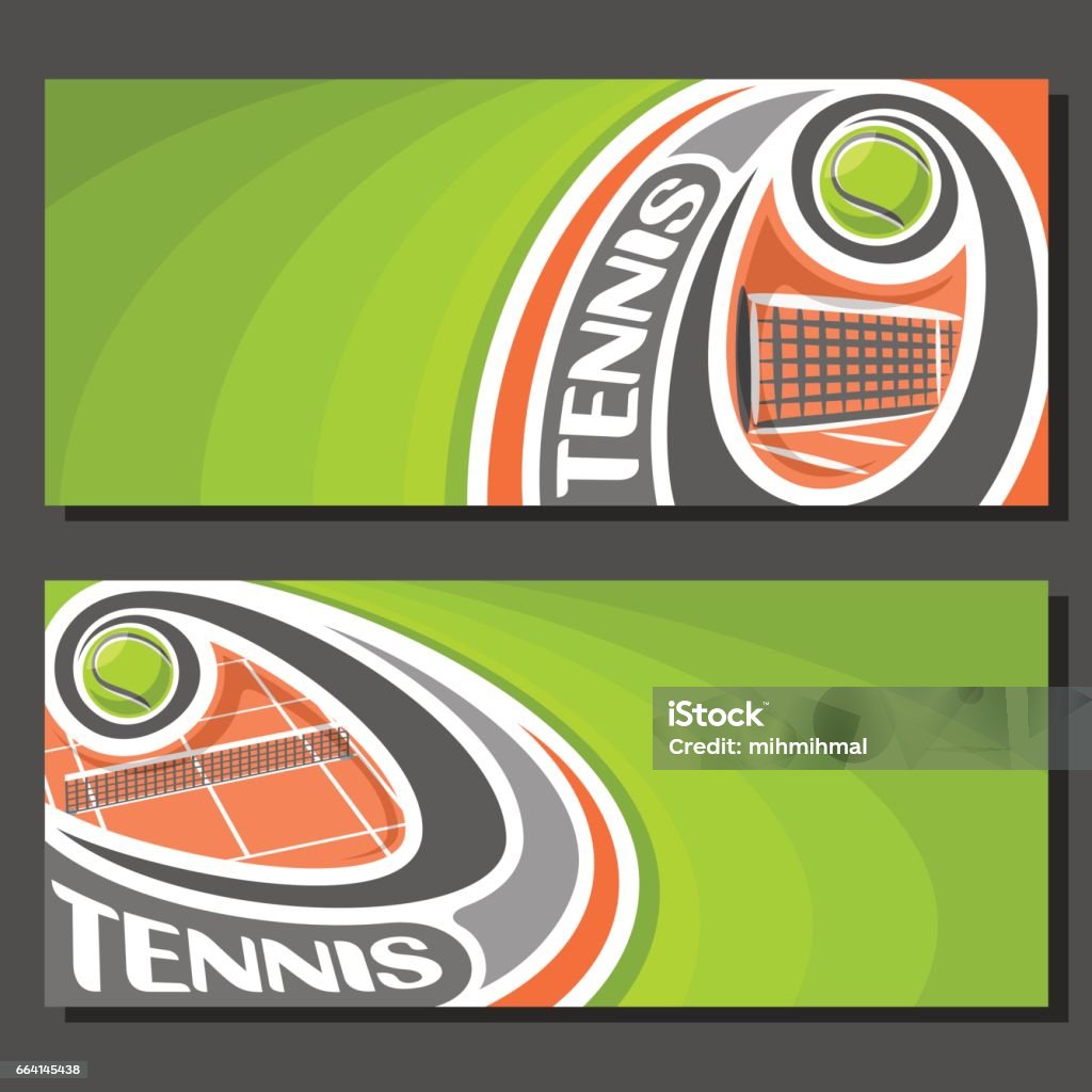 Vector banners for Tennis Vector banners for Tennis game: tennis ball flying on curve trajectory above net on clay court, 2 template tickets to sporting tournament with empty field for title text on green abstract background. Invitation stock vector
