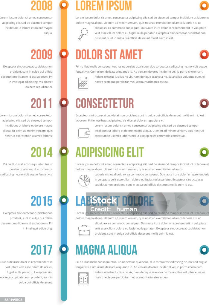 Vertical Timeline Infographics Colorful vertical timeline infographics template, workflow, process diagram, vector eps10 illustration Timeline - Visual Aid stock vector
