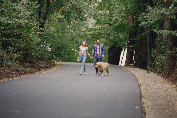 istock couple walking outdoors with her dog 664152896