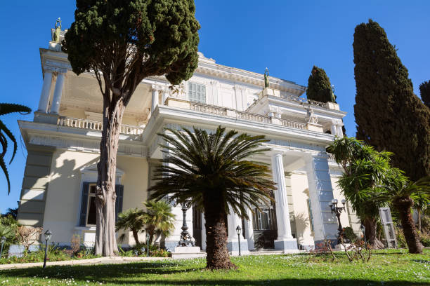 Achilleion palace in Corfu Island, Greece. CORFU, GREECE - MARCH 4, 2017: Achilleion palace in Corfu Island, Greece, built by Empress of Austria Elisabeth of Bavaria, also known as Sisi. corfu holiday palace stock pictures, royalty-free photos & images