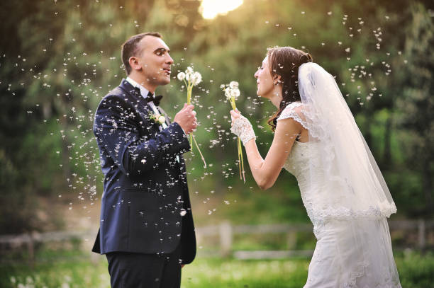 istock wedding couple blowing on a dandelion 664166552