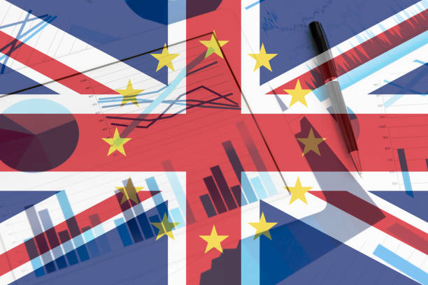 istock Digital tablet and graphs. Flags UK and EU stars 664171852