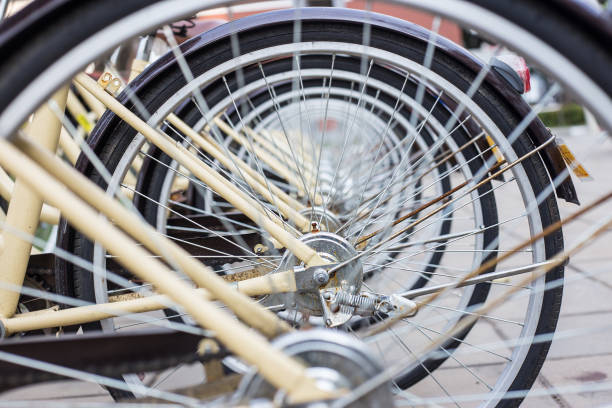 istock Closeup bicycles wheel parking for rent 664174376