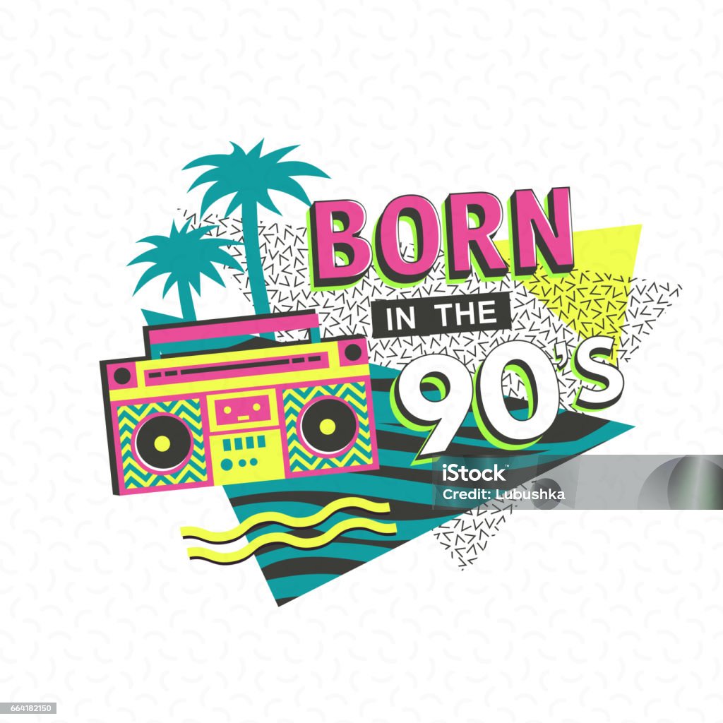 90's poster for carnival Template 90's poster or invitation for carnival with geometric ornaments elements. Back to the 90 s. Vector background in trendy 80s-90s . 1990-1999 stock vector