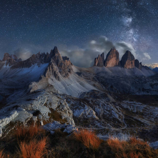 istock Alps Mountain landscape with night sky and Mliky way, Tre Cime di Lavaredo, Dolomites 664183204