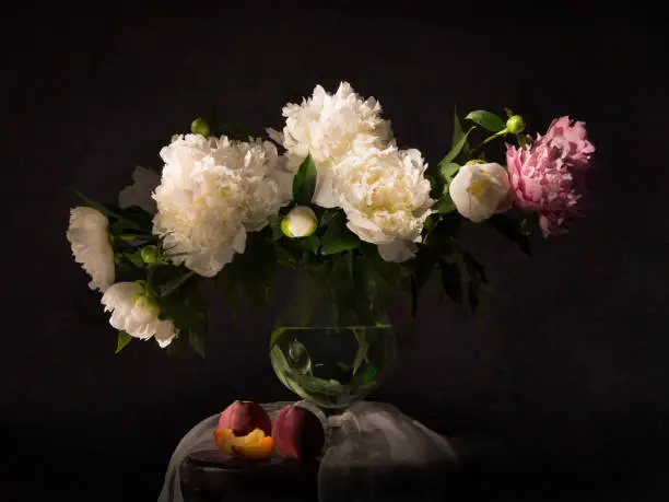 Photo of Still life with peonies and necatrines