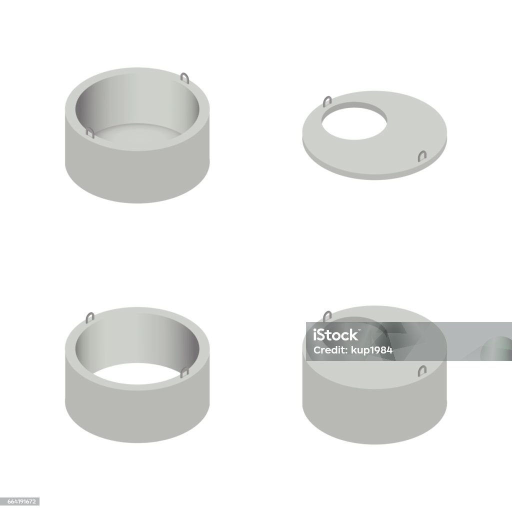 Set the iron concrete rings for wells, vector illustration. Set the iron concrete rings for wells in an isometric style, isolated on white background. Design elements for the construction and reconstruction, vector illustration. Circle stock vector