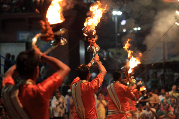 Ganga Aarti ritual in Varanasi stock photo
