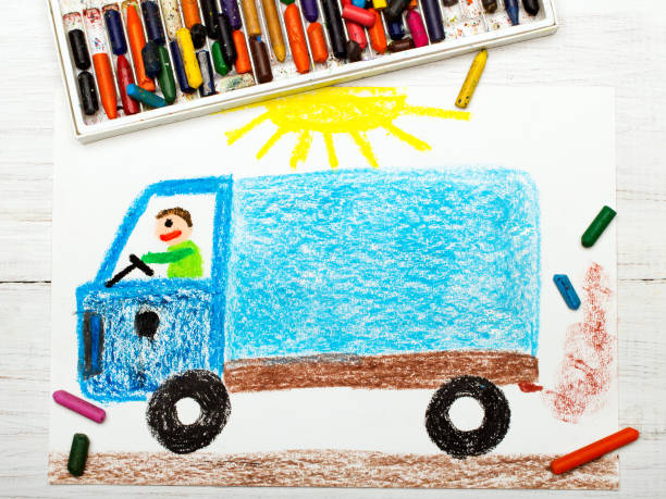 istock Colorful drawing: man in a blue truck 664195950