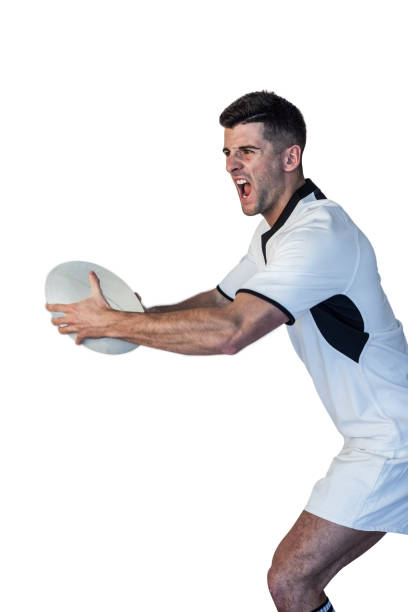 istock Man holding rugby ball and screaming 664209394