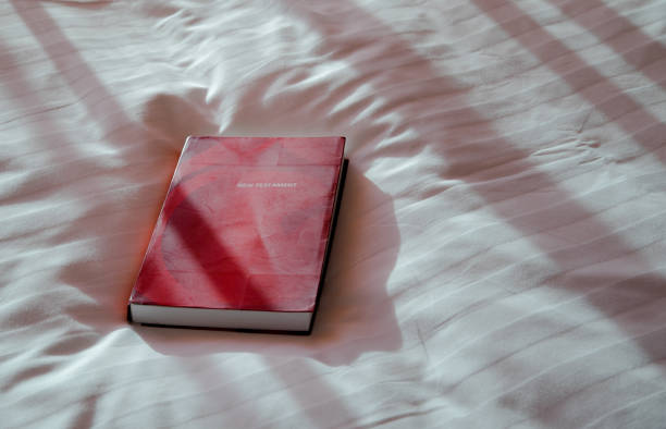 Red new testament on hotel bed with sunlight protruding into the room.