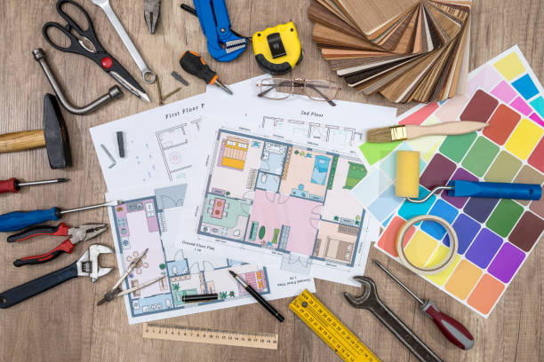 house plan with working tools. office work. - blueprint office plan paper imagens e fotografias de stock