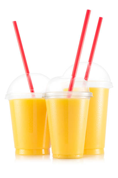 istock Yellow fruit smoothie in three size of plastic cup 664209504