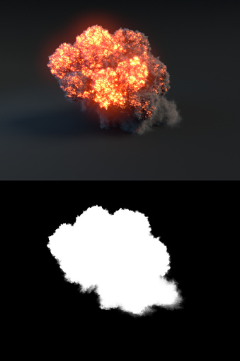 Big explosion with black smoke with alpha channel. 3d rendering