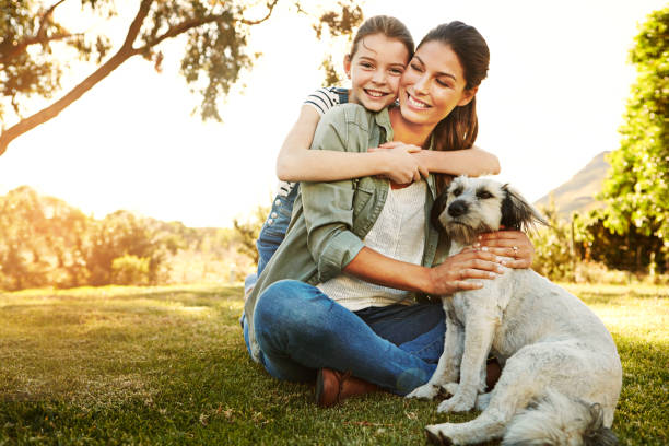 The best fun in the sun happens at the park Shot of a mother and her daughter playing with their dog at the park stroking photos stock pictures, royalty-free photos & images