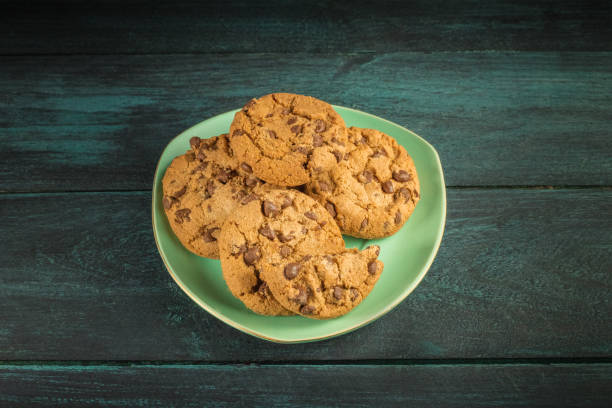 istock A teal plate of chocolate chips cookies with copyspace 664213752