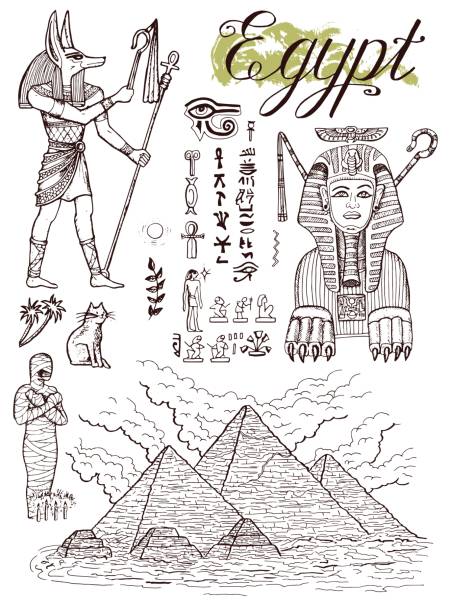 нарисованная вручную коллекция с традиционными египетскими символами - giza pyramids sphinx pyramid shape pyramid stock illustrations
