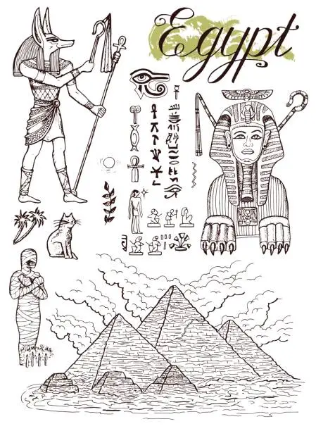 Vector illustration of Hand drawn collection with traditional egyptian symbols