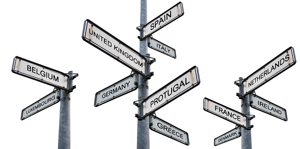 Europe destinations signpost, isolated on white backgrounds